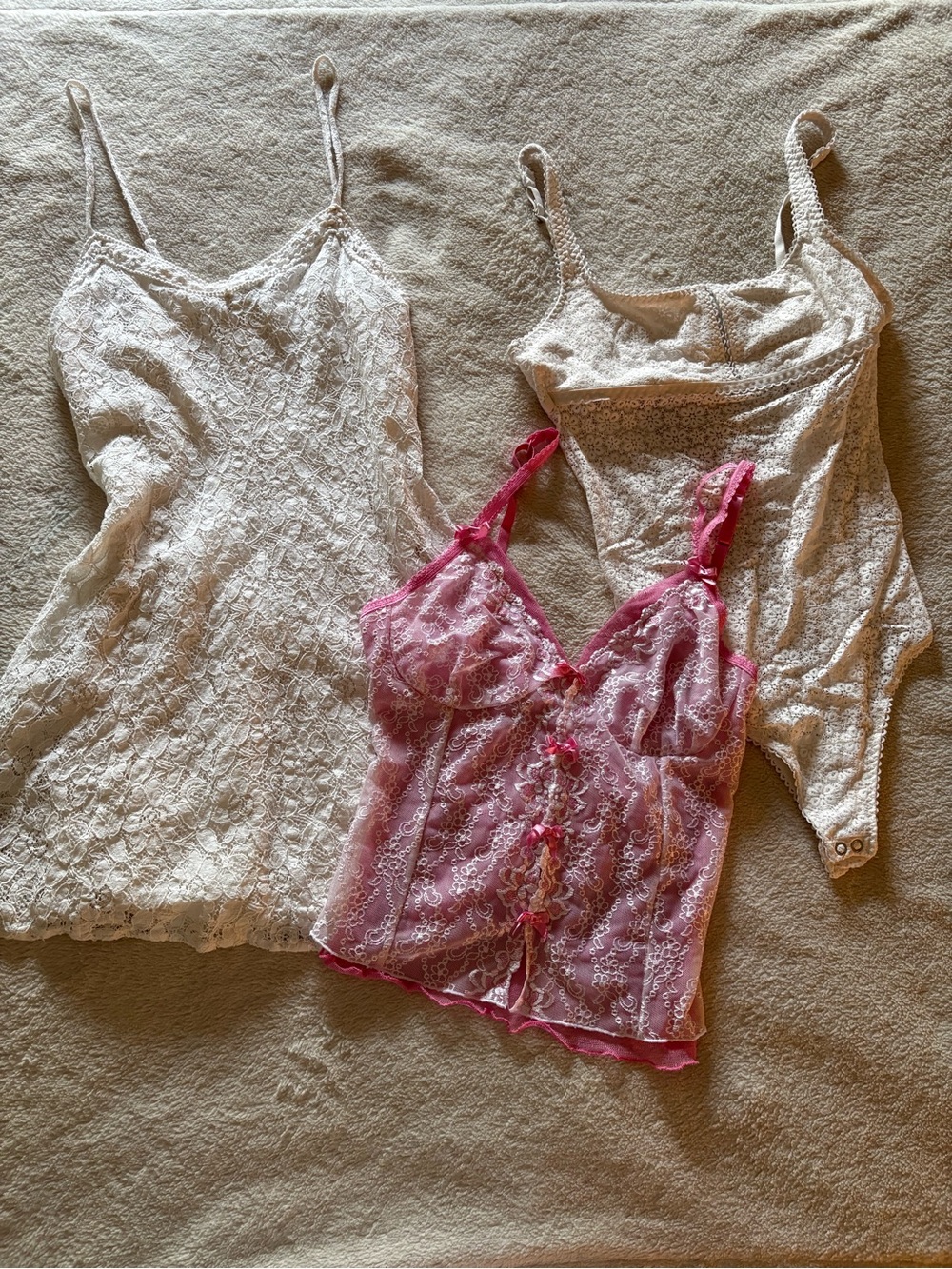 White Lace Summer bundle mini dress, pink and white cami and white lace bodysuit